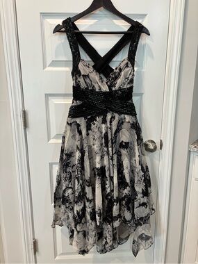 Black & White High-Low Evening Dress with Beaded Waistband